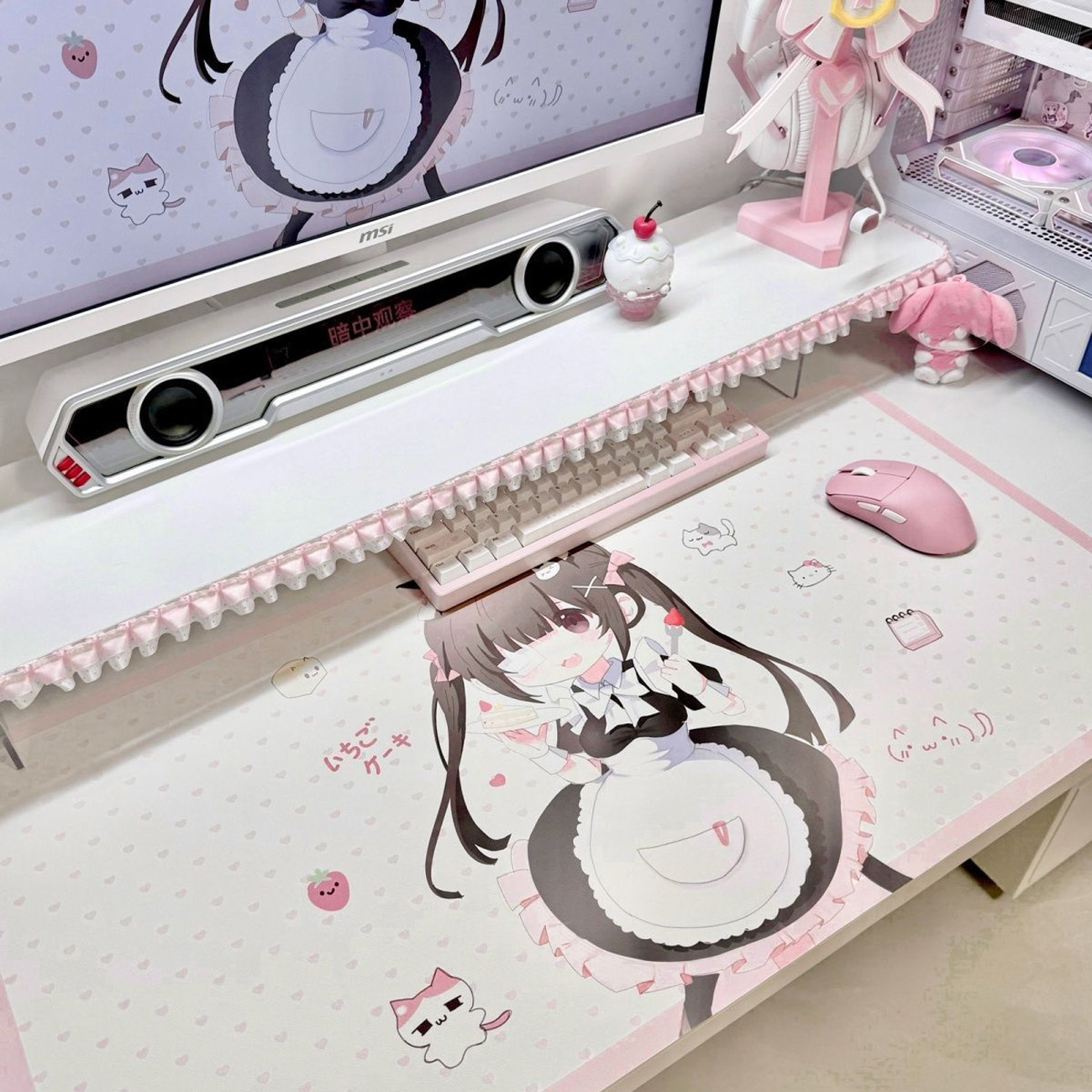 Leather Desk Pad - Schattige anime-meisjesbureaumat van PU-leer, roze stippenpatroon,